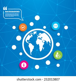 Abstract world globe. Information icons. Stop prohibition and user blacklist signs. Approved check mark symbol. Molecule structure background. Vector