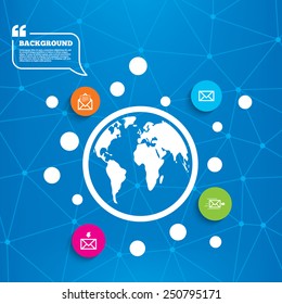 Abstract world globe. Mail envelope icons. Message document delivery symbol. Post office letter signs. Inbox and outbox message icons. Molecule structure background. Vector