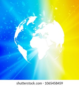 abstract world globe, planet earth with starburst on blue yellow background