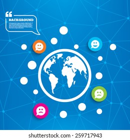 Abstract world globe. Speech bubble smile face icons. Happy, sad, cry signs. Happy smiley chat symbol. Sadness depression and crying signs. Molecule structure background. Vector