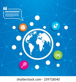Abstract world globe. Tennis ball and racket icons. Fast fireball sign. Sport laurel wreath winner award symbol. Molecule structure background. Vector