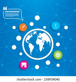 Abstract world globe. Textile cloth piece icon. Scissors hairdresser symbol. Needle with thread. Tailor symbol. Canvas for embroidery. Molecule structure background. Vector