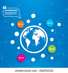 Abstract world globe. Top-level internet domain icons. De, Com, Net and Nl symbols with globe. Unique national DNS names. Molecule structure background. Vector