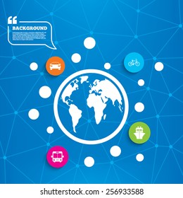 Abstract world globe. Transport icons. Car, Bicycle, Public bus and Ship signs. Shipping delivery symbol. Family vehicle sign. Molecule structure background. Vector