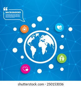 Abstract world globe. Valentine day love icons. Love heart timer symbol. Couple lovers sign. Add new love relationship. Molecule structure background. Vector