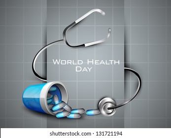 Abstract World health day concept with stethoscope and capsules.