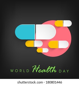 Abstract world heath day concept with medical pills on grey background.