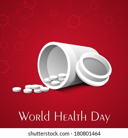 Abstract world heath day concept with medical pills on red background.