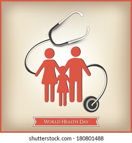 Abstract world heath day concept with healhthy family under setescope on brown background.