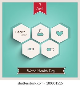 Resumen del concepto del Día Mundial de la Salud con pegatinas sobre fondo verde.