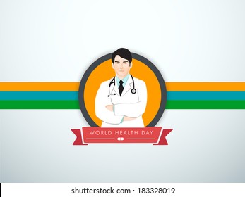 Abstract world heath day concept with illustration of a doctor on blue and colorful lines background.