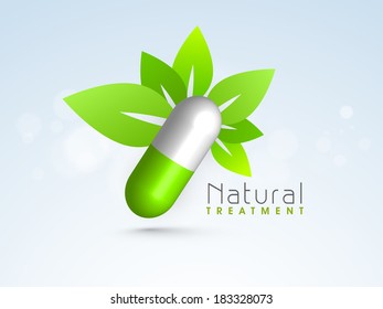 Abstract world heath day concept with green leaves and medical pill on blue background.
