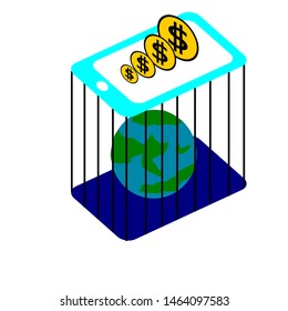 abstract world in jail with smart phone and coin upside 