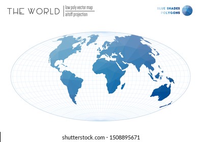 Abstract world map. Aitoff projection of the world. Blue Shades colored polygons. Modern vector illustration.