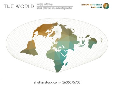 Abstract world map. Allen K. Philbrick's Sinu-Mollweide projection of the world. Brown, blue, and green colored polygons. Awesome vector illustration.