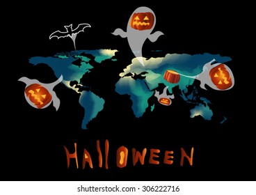 abstract world map background water color green and blue tone design style vector black background elements of this image furnished by NASA and halloween theme with ghost pumpkin and dark bat 