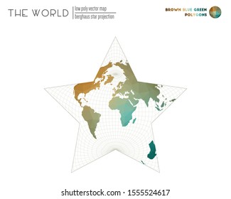 Abstract world map. Berghaus star projection of the world. Brown, Blue, Green colored polygons. Energetic vector illustration.