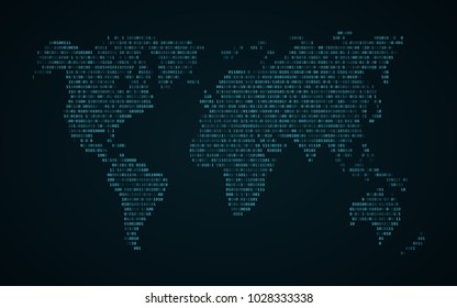 Abstract world map of binary code. Glowing map of the earth. Dark blue background. Blue lights. Sci-fi technology. Programming, big data. Global network. Vector illustration. EPS 10