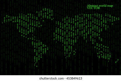 Abstract world map of binary computer code, technology background
