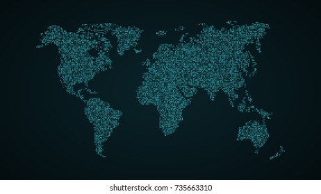 Abstract world map. Blue map of the earth from the square points. Dark background. Blue glow. High tech. Sci-fi tech. Global network. Vector illustration
