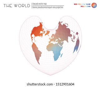 Abstract world map. Bonne pseudoconical equal-area projection of the world. Red Yellow Blue colored polygons. Stylish vector illustration.