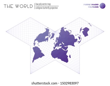 Abstract world map. Collignon butterfly projection of the world. Purple shades colored polygons. Contemporary vector illustration.