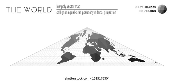 Abstract world map. Collignon equal-area pseudocylindrical projection of the world. Grey shades colored polygons. Elegant vector illustration.