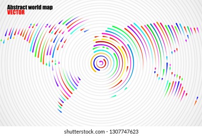 Abstract world map of colorful radial lines. Vector illustration. Eps 10