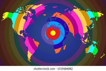Abstract world map of colorful radial stripes, vector