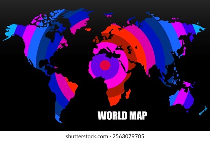 Abstract world map of colorful radial stripes, vector