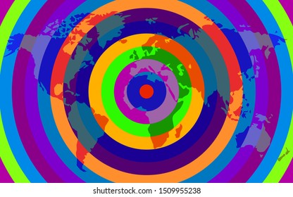 Abstract world map of colorful round stripes, vector
