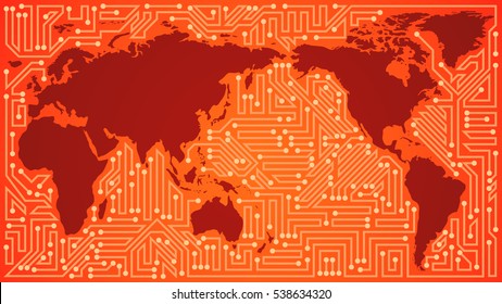Abstract world map communication network with circuit board elements of red, orange, and beige shades