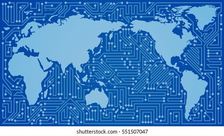 Abstract world map communication network with circuit board elements of blue shades