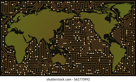 Abstract world map communication network with circuit board elements of brown, beige, green, and black shades