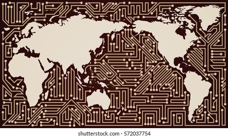 Abstract world map communication network with circuit board elements of brown and beige shades