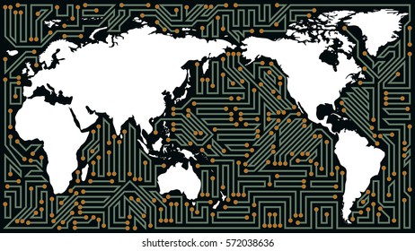 Abstract world map communication network with chipset elements of brown, gray, white, and black shades