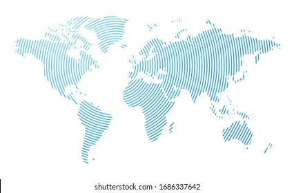 Abstract world map composed of blue lines of radio waves