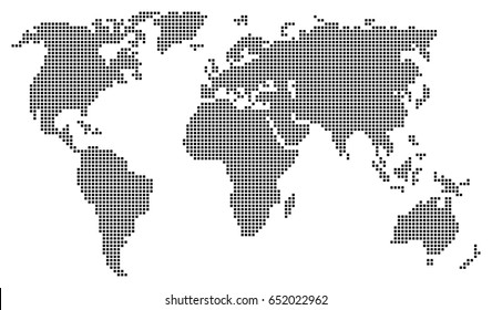 Abstract World Map Consisting Of Black Squares Isolated On White Background. Vector EPS10