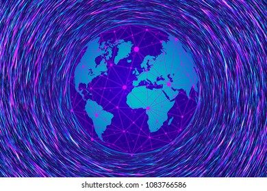 Abstract world map consisting of points and lines, representing a global network connection, an international meaning, a sense of science and technology.