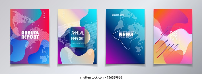 Abstract World Map Covers Template Set, Bauhaus Modern And World Map Style Graphic Fluid Color Bubbles Geometric Line Elements. Annual Report, News Letter Placard Brochure, Poster, Banner Promo Flyer