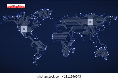 Abstract world map with cpu. Circuit board. Technology background. Vector illustration. Eps 10