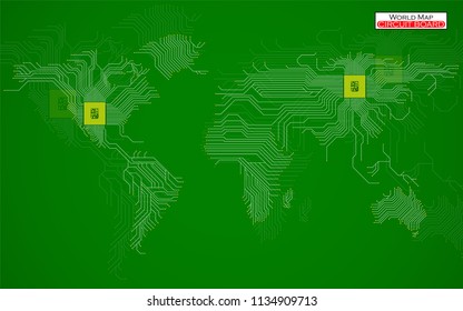 Abstract world map with cpu. Circuit board. Technology background. Vector illustration. Eps 10