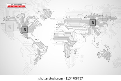 Abstract world map with cpu. Circuit board. Technology background. Vector illustration. Eps 10