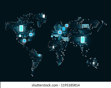 Abstract world map with cpu. Circuit board. Technology background. Vector illustration. Eps 10