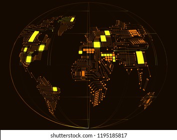 Abstract world map with cpu. Circuit board. Technology background. Vector illustration. Eps 10