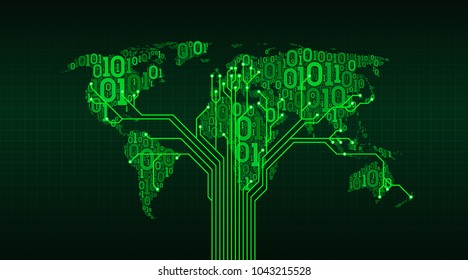 Abstract world map from a digital binary code on a grid background, a connection between cities in the form of a printed circuit board of a tree structure, well-organized layers