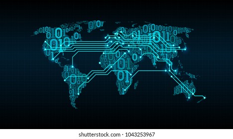 Abstract world map from a digital binary code on a grid background, connection between cities in the form of a printed circuit board, well organized layers