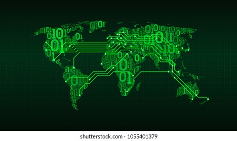 Abstract world map from a digital binary code on a grid background, connection between cities in the form of a printed circuit board, well organized layers