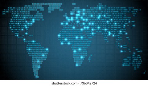 Abstract world map with digital binary continents, glowing cities, well organized layers