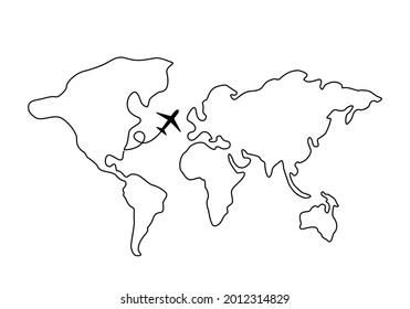 abstract world map drawn by one line with an airplane. vacation and travel concept. vector illustration isolated on white background
